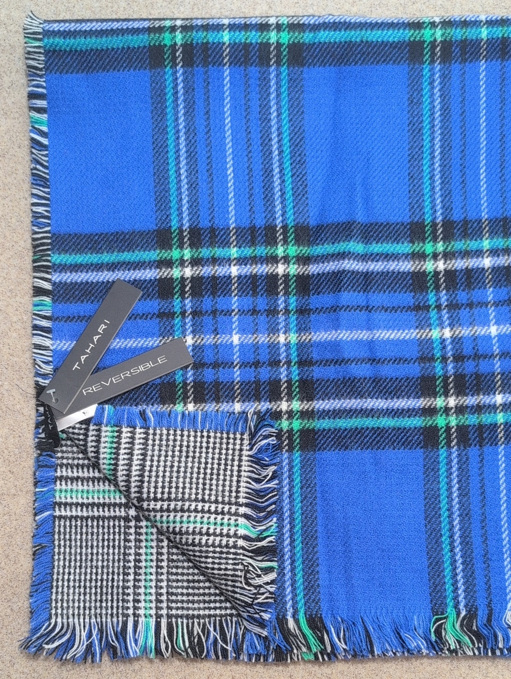 NWT Tahari Reversible Blue Plaid Scarf Wrap  76" X 19.5"